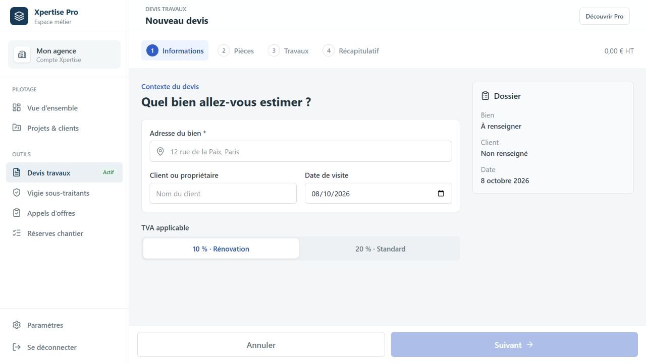 Interface actuelle Devis travaux, en mode aperçu sans données client